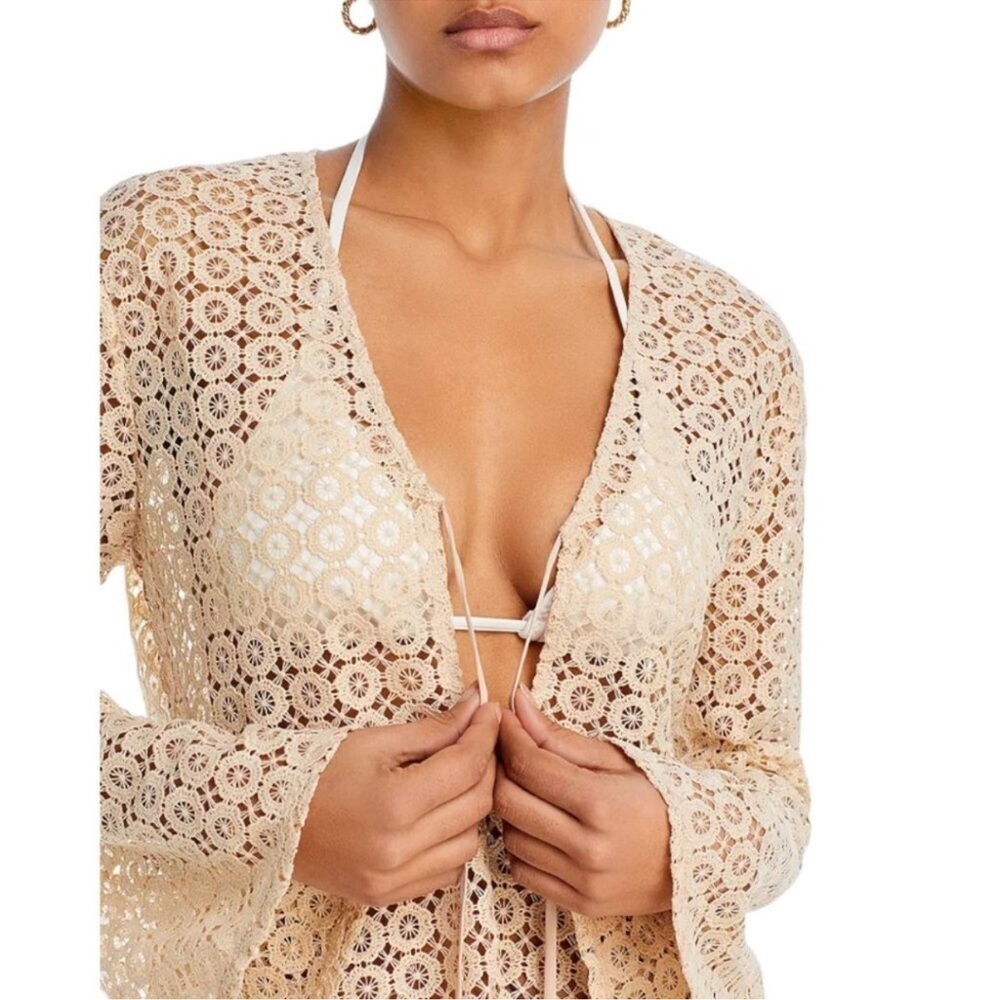 Aqua Lace Crochet Keyhole Mini Dress Swim Cover-up Bell Sleeve Medium